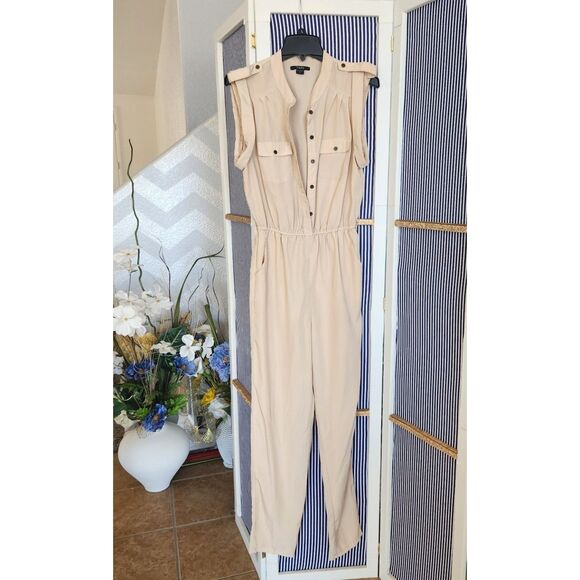 Pants - Lightweight Belted Straight Leg Jumpsuit - Tan/ Cream